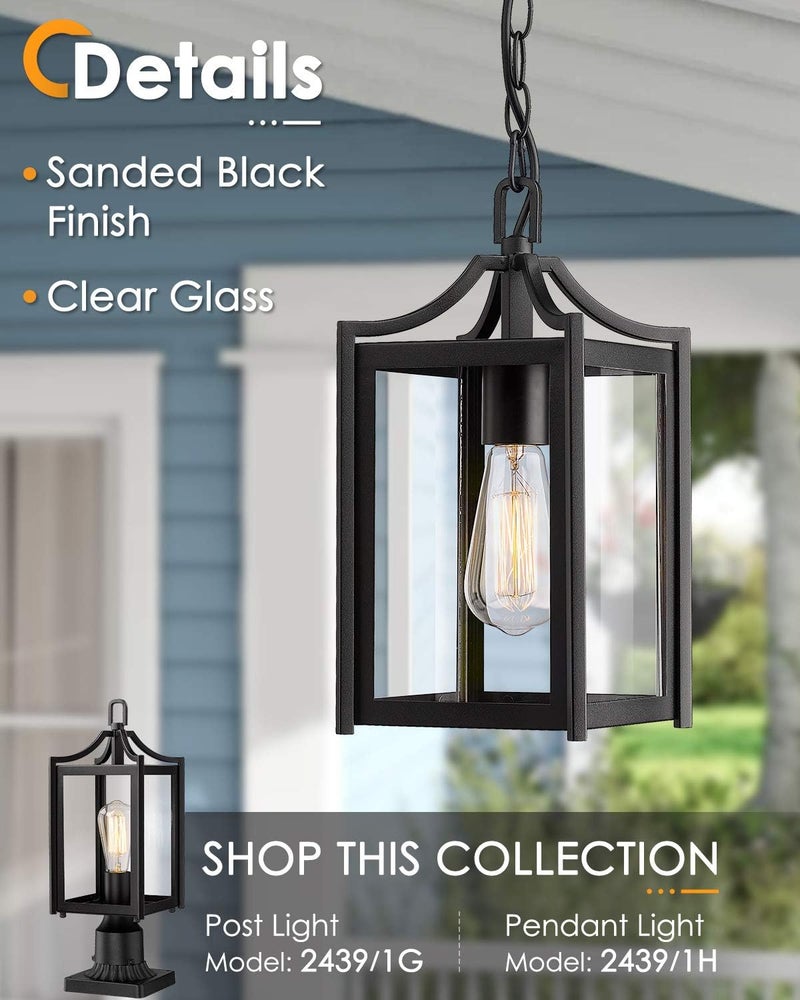 Osimir Outdoor Pendant Light, 14" Large Modern Hanging Porch Light with Adjustable Chain, Black Exterior Outdoor Hanging Lantern with Clear Glass for Porch Foyer Gazebo, 2439/1H - Image 2